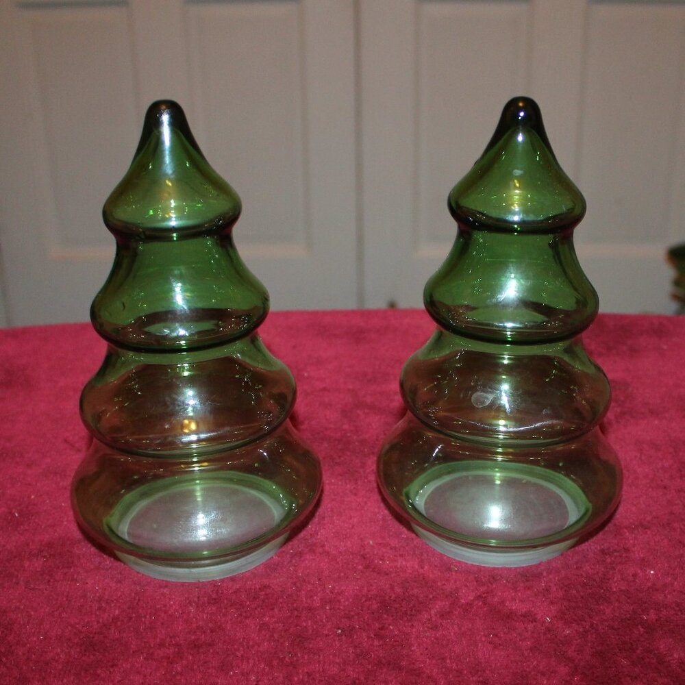Vintage Green Glass Christmas Tree w/plastic bottom/lid - Set of 2